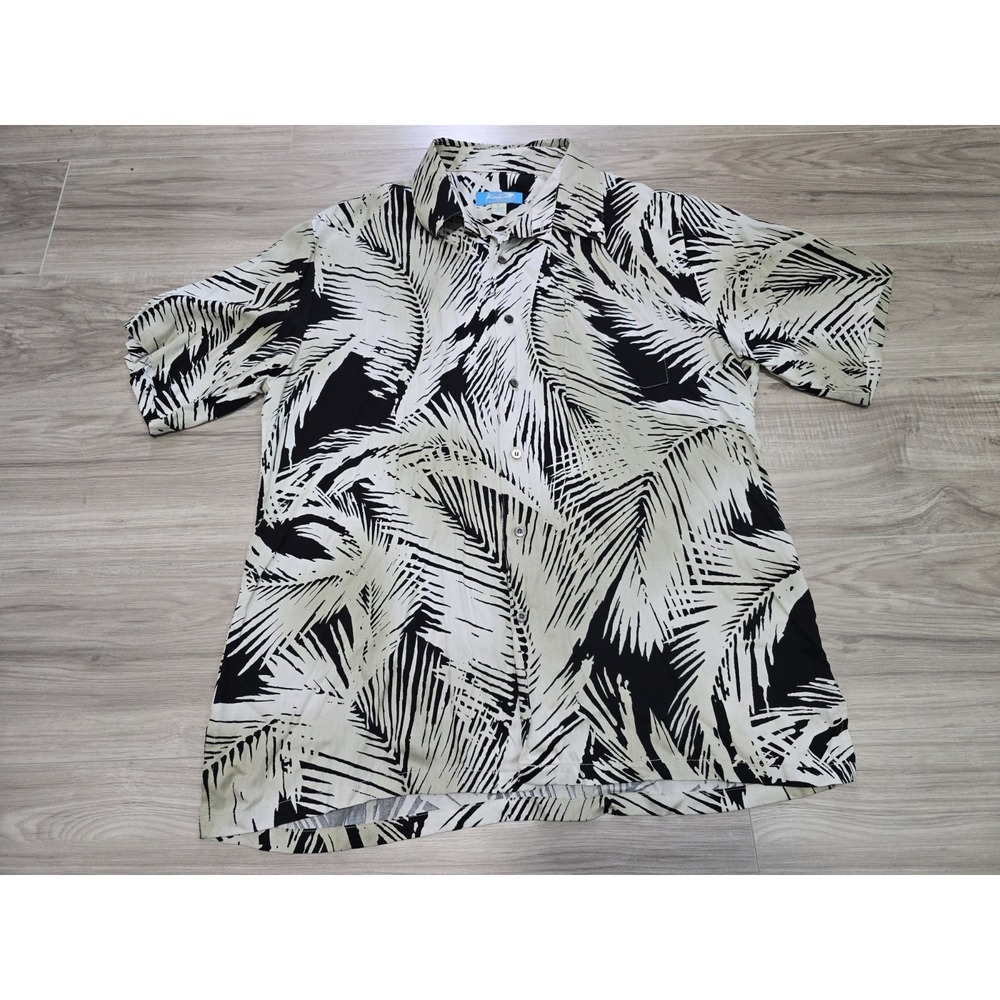 Kai Clothing Button Shirt Sleeve Shirt Men XL Aloha Hawaiian Leaves Black White